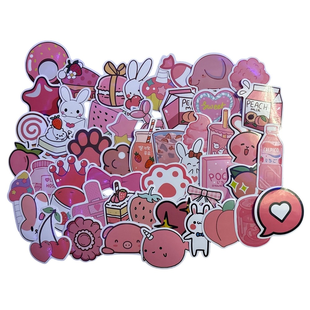 NEW 50pc Pink Kawaii Food Animal Vinyl Sticker Pack
